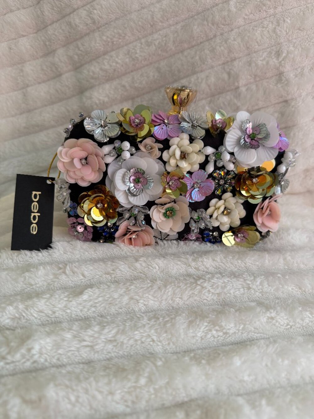 bebe Black 3D Floral Sequin Embellished Evening Clutch NWT